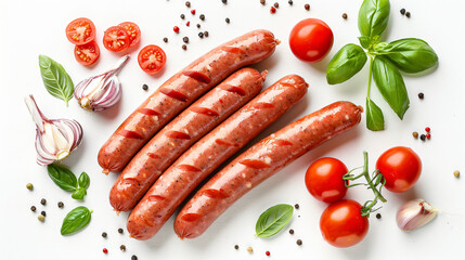 Fresh raw sausages isolated on white top view. 
