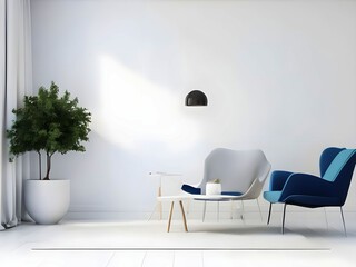 Living room with white blank wall white mockup. with pillow Oxford Blue Armchair. Scandinavian modern interior design. 3D rendering