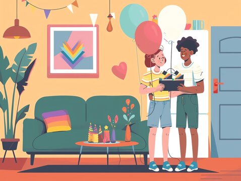 An LGBTQ couple decorating their home for a pride celebration