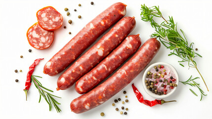 Fresh raw sausages isolated on white top view. 