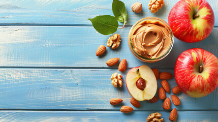 Fresh red apple with peanut butter and nuts on light background