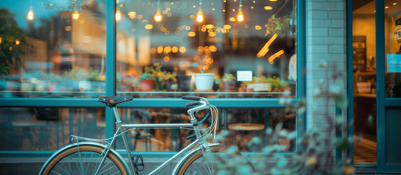 cafe coffee shop small concept with glass window facade and bicycle in front
