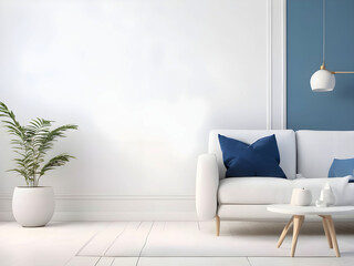 Living room with white blank wall white mockup. with pillow Oxford Blue Armchair. Scandinavian modern interior design. 3D rendering