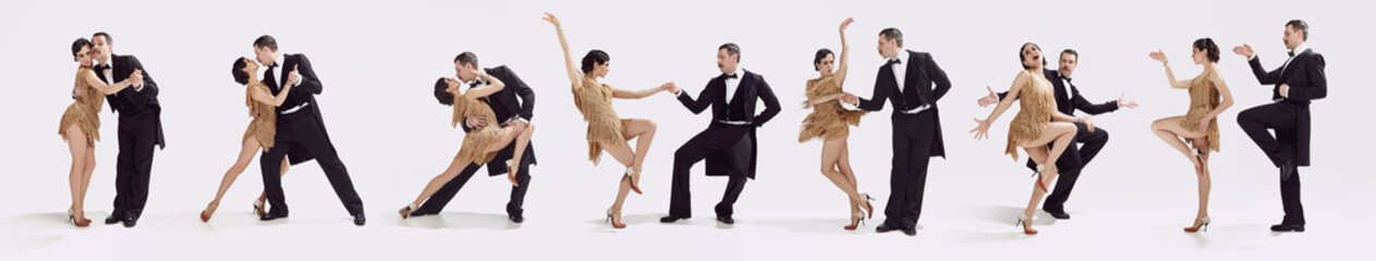 Dynamic collage. Beautiful couple of dancers in vintage stage evening attires dancing tango against...