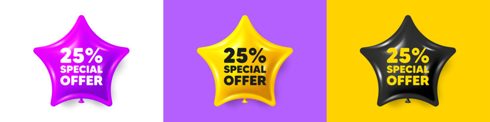 25 percent discount offer tag. Birthday star balloons 3d icons. Sale price promo sign. Special offer symbol. Discount text message. Party balloon banners with text. Birthday or sale ballon. Vector