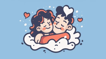 Fototapeta premium An illustrated romantic couple floating on a cloud, surrounded by hearts, depicting love and togetherness.