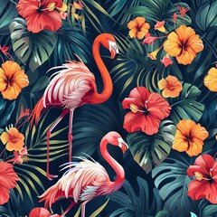 Flamingos in a tropical paradise. The flamingos are pink and orange, and the flowers are red, orange, and yellow. The leaves are green.