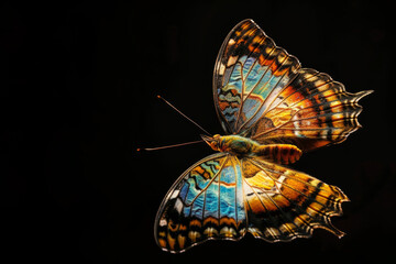 a bright multicolored butterfly on a black background.