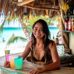 Smiling Latina female bartender serving cocktails at beach tiki bar by the sea, square photo