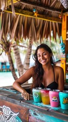 Smiling Hispanic Female Barkeeper in Bikini Making Cocktails at Beach Tiki Bar by Summer, Vertical Photo (9:16)