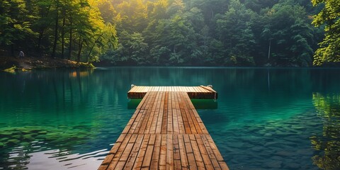 Serene wooden pier extending into a tranquil, clear lake surrounded by lush, green forest during a peaceful morning.
