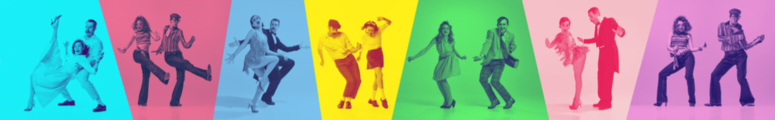 Dynamic collage. Group of young, cheerful people wearing retro fashion style clothes dancing in motion. Duotone filter. Concept of contemporary dance style, youth, hobby, action and motion. Ad