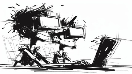 Fototapeta premium A stylized, sketch-like illustration of a young developer immersed in coding on a laptop while wearing virtual reality glasses.