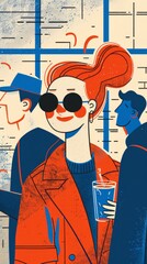 Stylized illustration of a smiling woman with sunglasses holding a juice glass, surrounded by male figures.