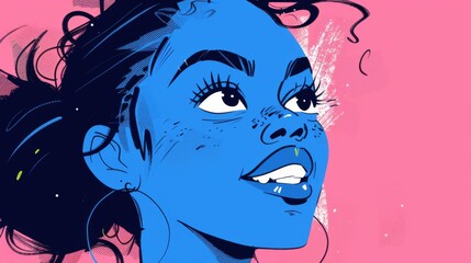 Close-up illustration of a smiling female with vibrant healthy skin against a pink background.