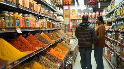 A couple explores an aisle of international foods, selecting exotic spices and unique ingredients.
