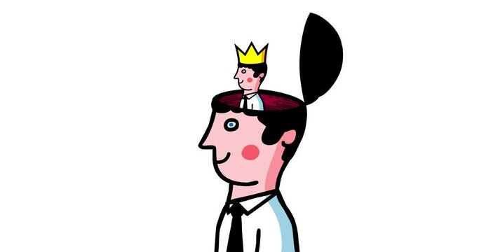 One man's head open and there is him with crown inside instead of brain. Narcissism psychollogy npd subject metaphor good for any video material with concept like training or for explainers. 
