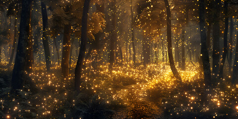forest at night with glowing fairy lights on the ground and trees