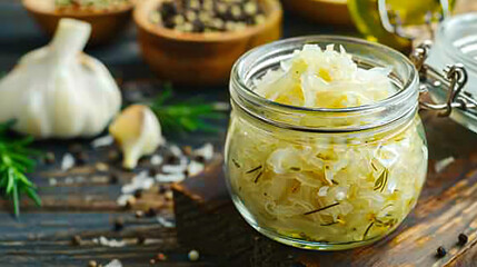 Glass jar of tasty sauerkraut on wooden table closeup.