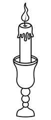 Candle in a candlestick. Sketch. Curved wick, melting wax candle, goblet shaped candlestick. Hot wriggling flame. Vector illustration. Outline on isolated background. Coloring book for children.