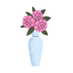 Gorgeous bouquet of camellia in pottery vase. Pink roses posy in ceramic pot. Floral decor, home flower, blossom plant for interior decoration. Flat isolated vector illustration on white background