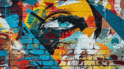 Naklejka premium Spray paint meets brick wall in this street art scene, where vivid colors and bold designs convey a message of creativity and freedom. The artwork breathes new life into the urban environment.