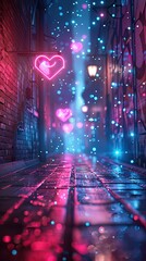 3d neon cyberpunk style background with neon glowing hearts and stars
