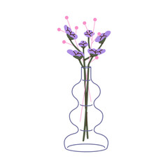 Dry branches of sea lavender in glass vase. Bloom wildflower, blossom meadow plant, wild flower. Floral interior decoration in minimal style. Flat isolated vector illustration on white background