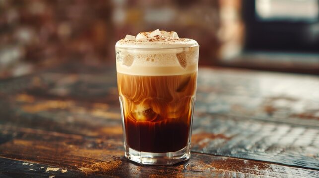 Indulge in Refreshing Bliss - Close-up of Cold Brew Coffee with Velvety Cold Foam on Rustic Tabletop
