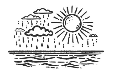Obraz premium Sun and rain Rainy, Weather icon, simple vector svg illustration, hand drawn black and white, isolated on white background 