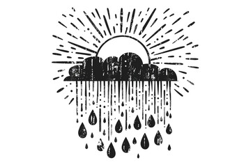 Sun and rain Rainy, Weather icon, simple vector svg illustration, hand drawn black and white, isolated on white background 