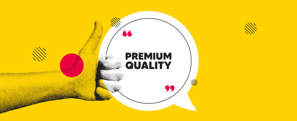 Hand showing thumb up like sign. Premium quality tag. High product sign. Top offer symbol. Premium quality chat bubble message. Grain dots hand. Like thumb up sign. Vector