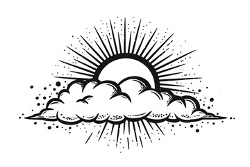 Sun behind snowcloud Partly snowy, Weather icon, simple vector svg illustration, hand drawn black and white, isolated on white background  
