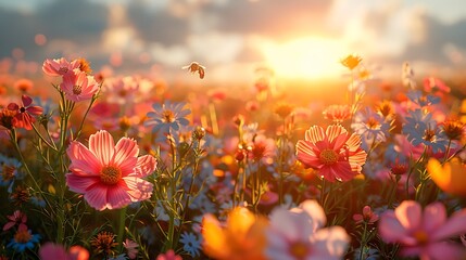 Marvel at the ethereal beauty of a field of wildflowers, where colorful blooms sway gently in the breeze and bees dance from petal to petal, captured in glorious 8K realism.
