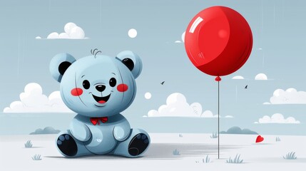 Cheerful cartoon teddy bear holding a red balloon, illustrated in a whimsical, watercolor style with a scenic blue sky background.