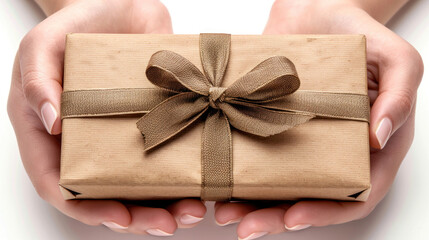 Both hands held a long box with a diagonal ribbon. white background