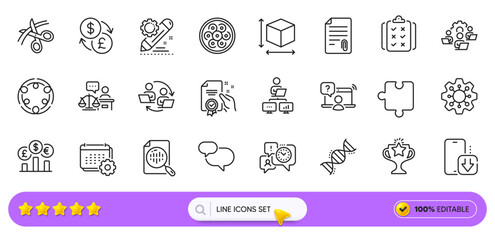 Currency exchange, Chat message and Court judge line icons for web app. Pack of Online question, Attachment, Victory pictogram icons. Time management, Currency rate, Teamwork process signs. Vector