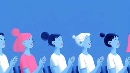 Illustration of successful businesswomen applauding, featuring a cheerful and colorful style with a blue background.