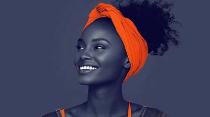 Monochrome image of a smiling African woman in jeans with a vibrant orange headscarf and top accent, isolated on a dual-tone background.