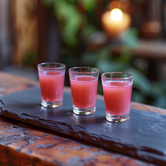 Three glasses of pink juice on slate and wooden table