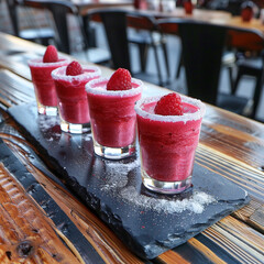 four glasses of pink watermelon juice on top of a black slate with white powder, sitting in the middle of an oak table in a London restaurant