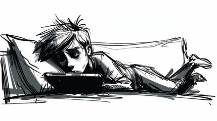Sketch of a young man lying down using a digital tablet, depicted in a monochrome, dynamic line art style.
