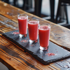 Three glasses of pink juice on top of the table, each glass filled with red colored fruit flows and sprinkled with white powder