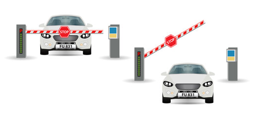 A Car Positioned in Front of a Closed Boom Barrier. Barrier Opened and the Car Goes Through the Parking Barrier and Street Road Stop Border. Entry Through the Barrier and Entrance Control. Vector. © Jer