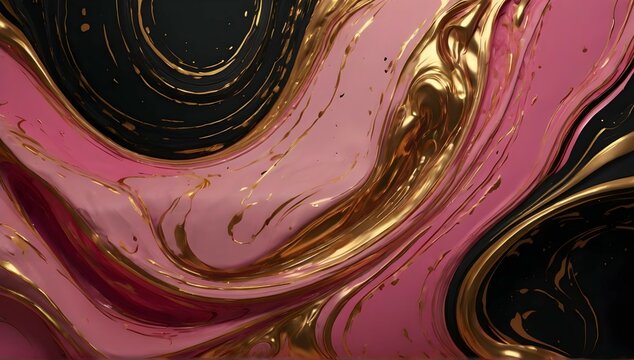 A painting with pink, gold and black swirls, in the style of dark scarlet and light gold, liquid minimalist-core, use of precious materials, meticulous design, dark sanguine and pink, velvet - red and - Powered by Adobe