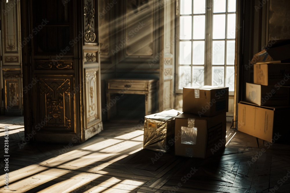 Poster sunlight casting shadows in a classic room filled with moving boxes