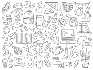 Naklejka premium Back to school doodles. School supplies and educational elements. Hand-drawn vector illustrations isolated on a white background.