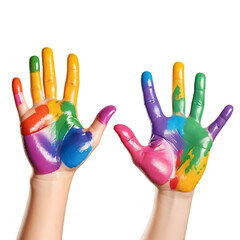 hands stained with multi-colored paints on an isolated transparent background