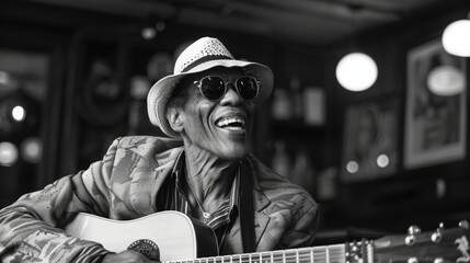A man wearing a hat and sunglasses playing a guitar outdoors