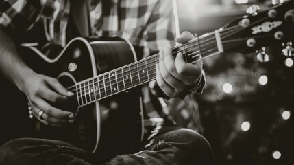 Obraz premium A black and white photo of a person playing a guitar